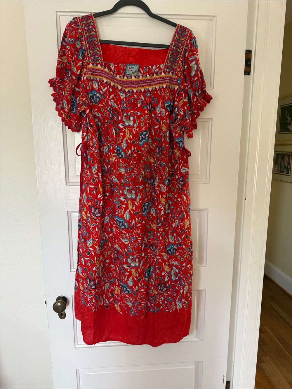 Johnny Was Red Floral Square-Neck Midi Dress
